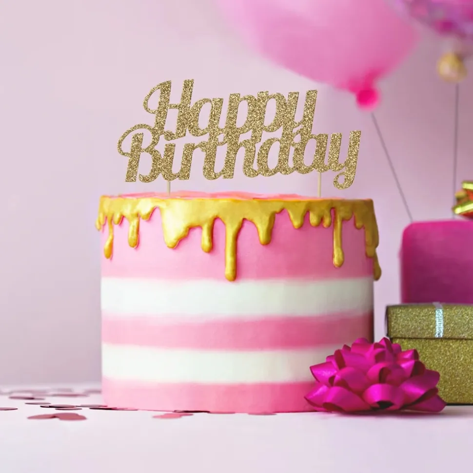 Tårtdekoration Happy Birthday - Guldglittrig